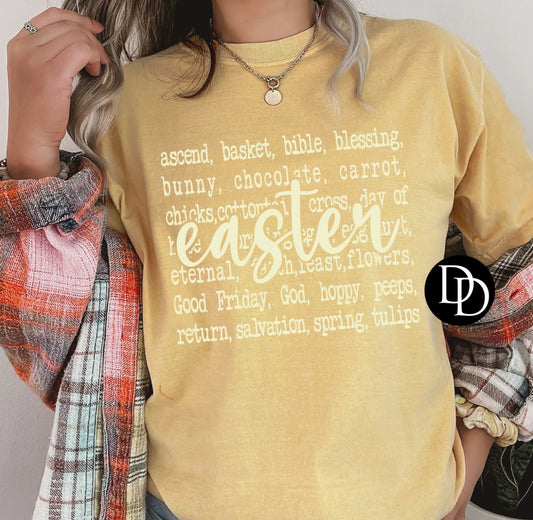 EASTER WORDS: Unisex TSHIRT or LONGSLEEVE offered in MUSTARD YELLOW ****COMFORT COLORS**** or BLACK ****BELLA CANVAS****